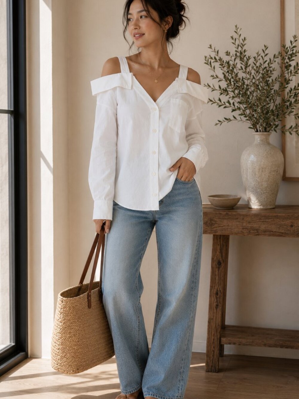 pistola White V-Neck Button Blouse
